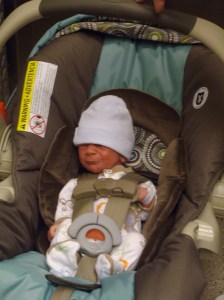 Jackson was a tiny baby (5 lbs, 11 oz). The car seat swallowed him up at first. He wasn't a fan as you can tell by the picture.